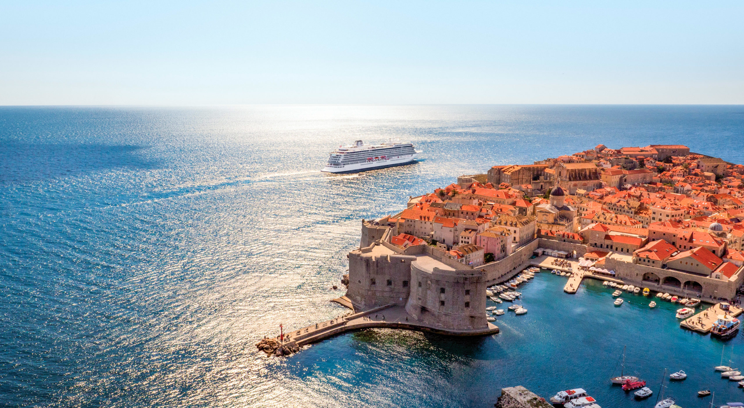 Aerial view of the Viking Sea leaving Dubrovnik, Croatia